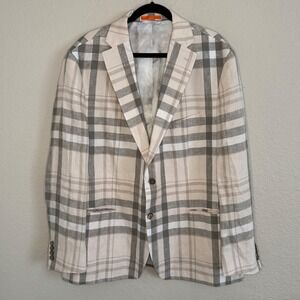 Tallia Orange Linen Beige Plaid Sport Coat Mens 48R Blazer Wedding Guest‎ Notch